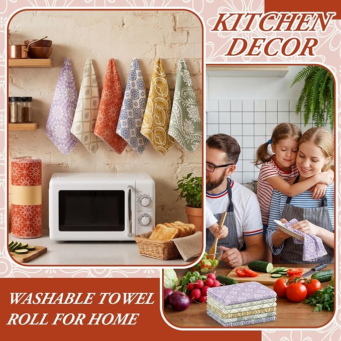 Redbaker 30 Pcs Reusable Paper Towels Rolls Towels Bulk Kitchen Washable Paperless Cloth Cotton Hand Napkins with Cardboard Reusable Napkins for Kitchen Bathroom (Bohemian)