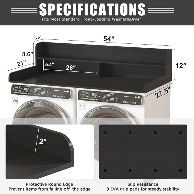 Piskyet Washer Dryer Countertop,2- Tier Laundry Countertop with Edge Rails,27.5" Depth x 54" Wood Countertop,Laundry Machine Topper for Laundry Room Organization and Storage(Black)