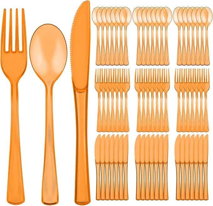 75 PCS Plastic Silverware Disposable Silverware Heavy Duty Utensil Sets 25 Of Each Forks Knives & Spoons Disposable Cutlery Set For Easter,Birthday,Baby Shower,Garden Party,Wedding(75,Orange)