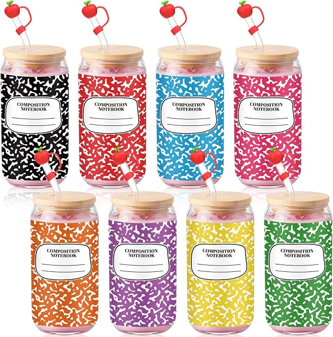 Sliner 8 Pcs Teacher Glass Cups Back to School Gifts Tumbler with Lid Straw and Apple Straw Tips 16 oz Composition Notebook Iced Coffee Drinking Glasses Reusable Party Supplies