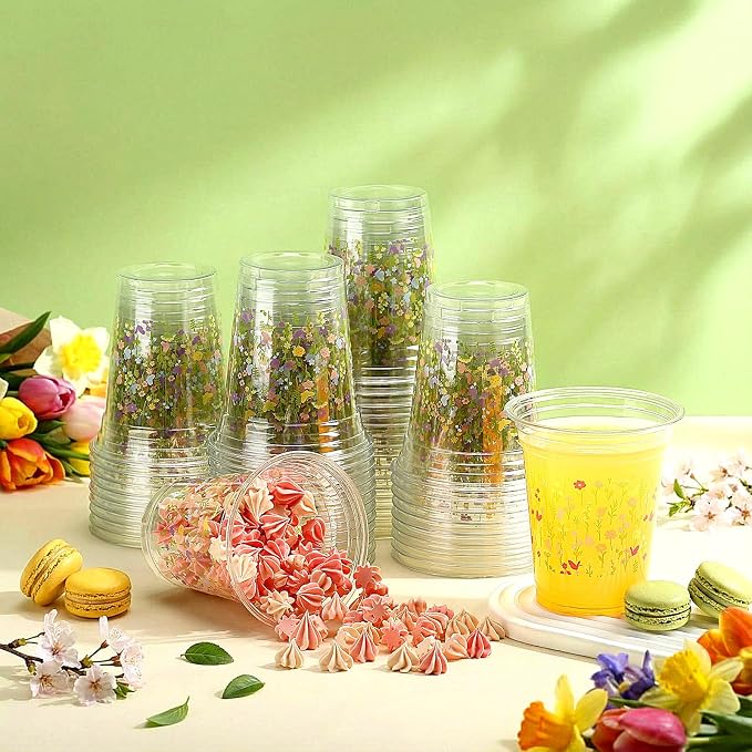 Qinyoung 50 Pcs Plastic Cups 12oz Disposable Cups Bulk Drinking Cup for Cold Drinks Baby Shower Wedding Birthday Valentine's Day Party Supplies (Floral)