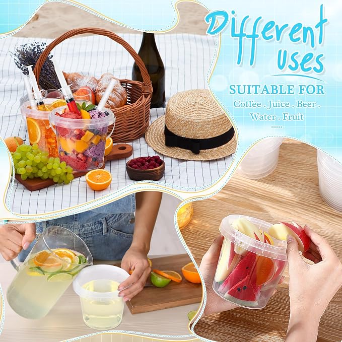 Funnymoom 24 Set Clear Plastic Drink Buckets with Lids Straws Syringes 24 oz Rum Buckets Disposable Party Cups Cocktail Pails with Handles for Outdoor Events, Beach, Pool, BBQ, Birthday Supplies