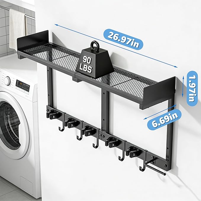 HUFAND Broom Holder Wall Mount, 27" Large Mop and Broom Organizer Wall Hanging with Top Storage Shelf & Vacuum Hook, Heavy Duty Iron Utility Rack for Laundry Room, Garage, Kitchen, Garden - Black
