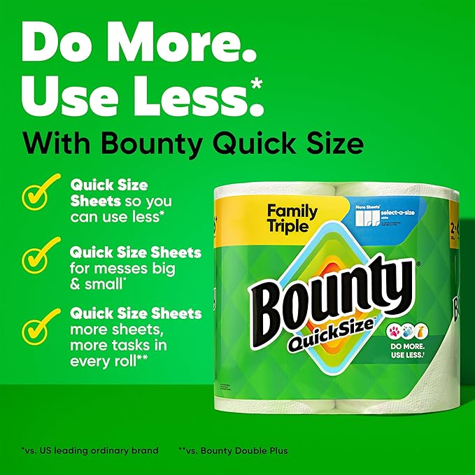 Bounty Paper Towels Quick Size, White, 6 Family Triple Rolls = 20+ Regular Rolls