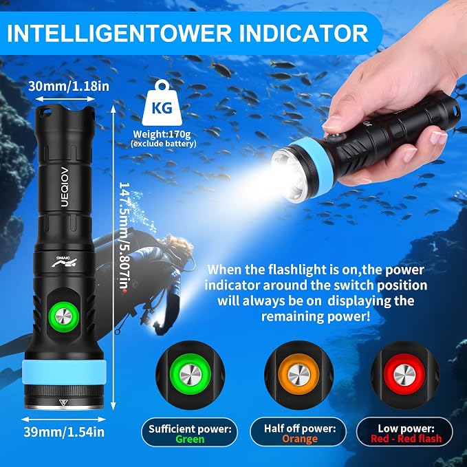 380 Dive Light Underwater Diving Flashlight, Super Bright Rechargeable Waterproof Flashlight with Battery Level Indicator, Suitable for Scuba Diving and Snorkeling Night Diving Light