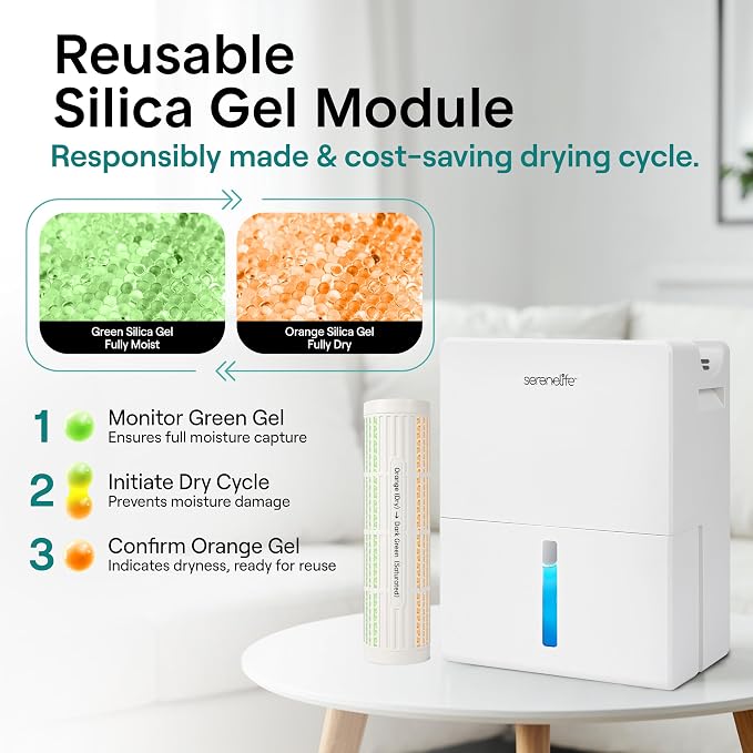 SereneLife 91 OZ Dehumidifier For Home | Covers 1200 SQ FT For Basements, Bedrooms, Bathrooms & Offices | Includes Removable Natural Dehumidifier For Closet | Set Timer, Sleep Mode & Humidity | White