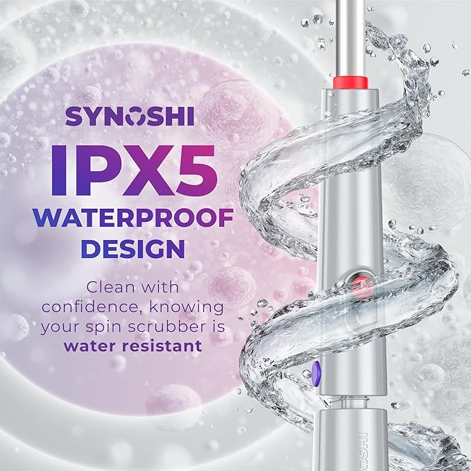 Synoshi PRO Electric Spin Scrubber with Long Handle & Cone Brush Heads – Cordless Shower Scrubber, Bathroom Cleaning Brush, Adjustable Angles, 2 Speeds Power Scrubber for Tub, Floor & Tile