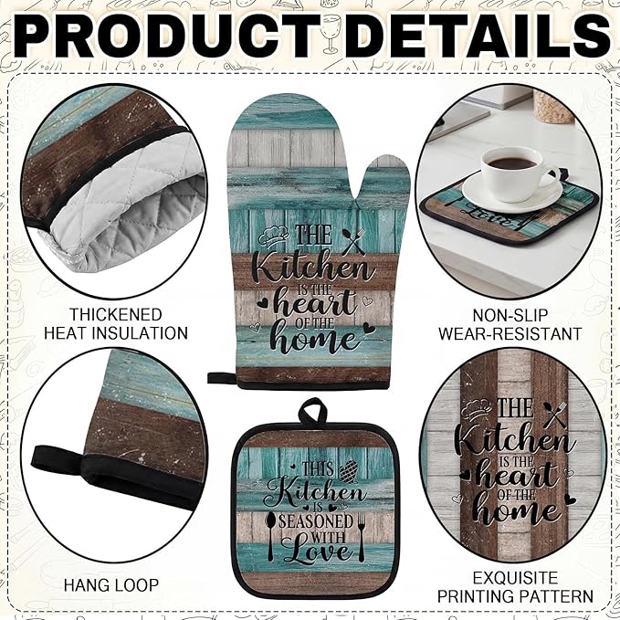 10 Pcs Turquoise Teal Kitchen Decor and Accessories Set, 4 Dish Towels Kitchen Rugs 2 Oven Mitts 2 Pot Holders, Home Decor for Cooking Baking BBQ Gifts Women Mom Housewarming