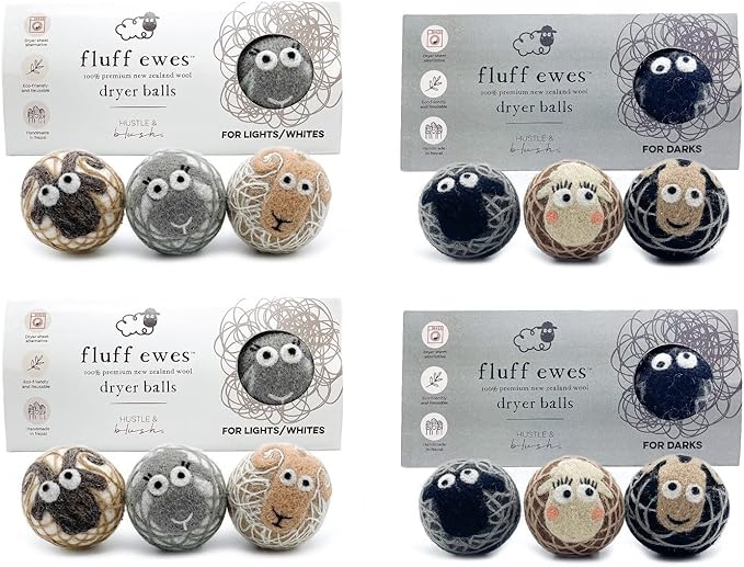 Fluff Ewes Premium Handmade New Zealand Reusable Wool Dryer Balls for Laundry, Baby, Anti-Static Alternative to Liquid Fabric Softener, Plastic Dryer Balls or Dryer Sheets, 12 Pack Bundle with Boxes