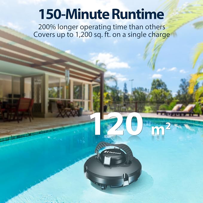 Cordless Robotic Pool Cleaner,Automatic Pool Vacuum Lasts 150Mins,Powerful Suction,Self-Parking, Maximum Climbing Angle 18 Degrees,Lightweight for Above/Inground Pools Up to 1200 Sq.Ft
