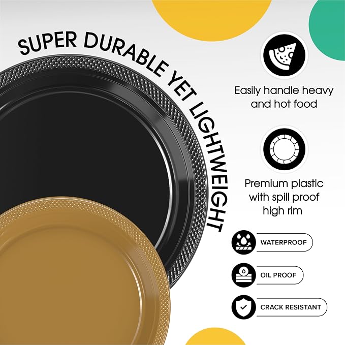 Party Solids Black & Gold Plates Disposable Black & Gold Plastic Plates 100 Pieces - 50-7" & 50-9" Heavy Duty 350 GSM Disposable Dinnerware Sets, Plastic Dinnerware Sets