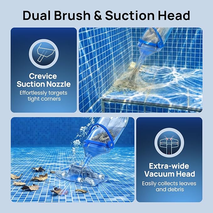 Handheld Pool Vacuum for Above Ground & Inground Pools, Consciot Cordless Rechargeable Pool Cleaner with 1110 GPH Suction, Telescopic Pole up to 87.5", 1H Runtime, See-Through Head for Spas & More