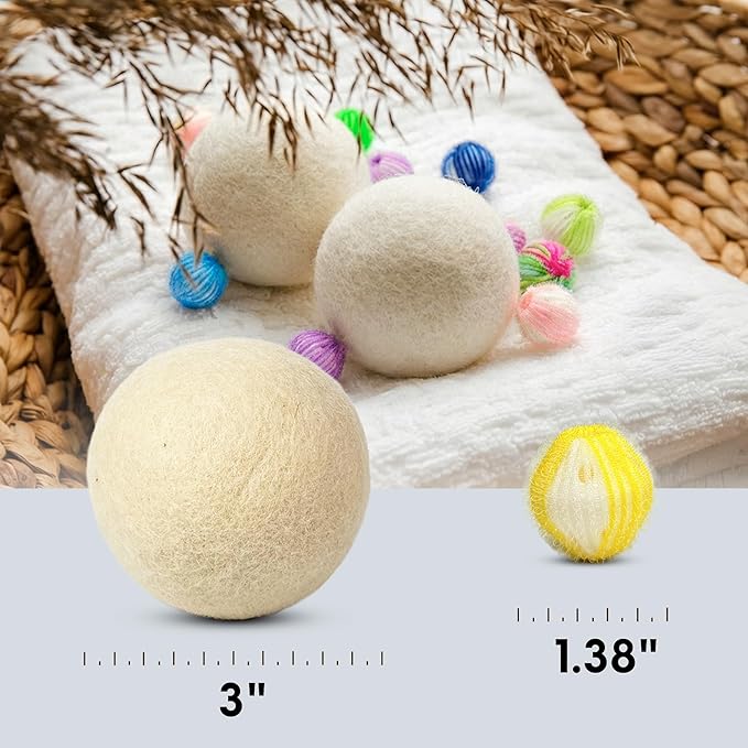 6 Premium Wool Dryer Balls - 14-pirece Laundry Set