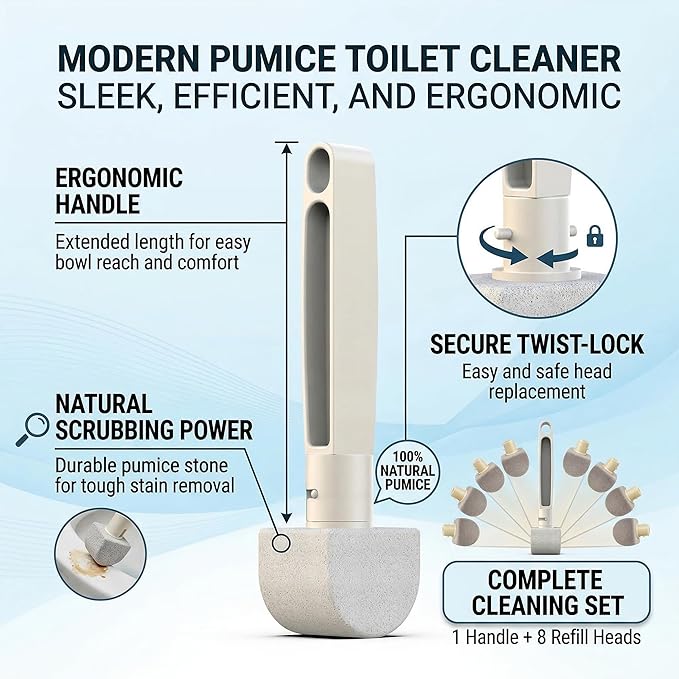 Pumice Stone Toilet Bowl Cleaner 8-Pack – Hard Water & Limescale Remover, Non-Scratch Multi-Surface Scrubber for Toilet, Bathroom Tile, Sink – Natural Cleaning Tool with Disposable Refill Heads