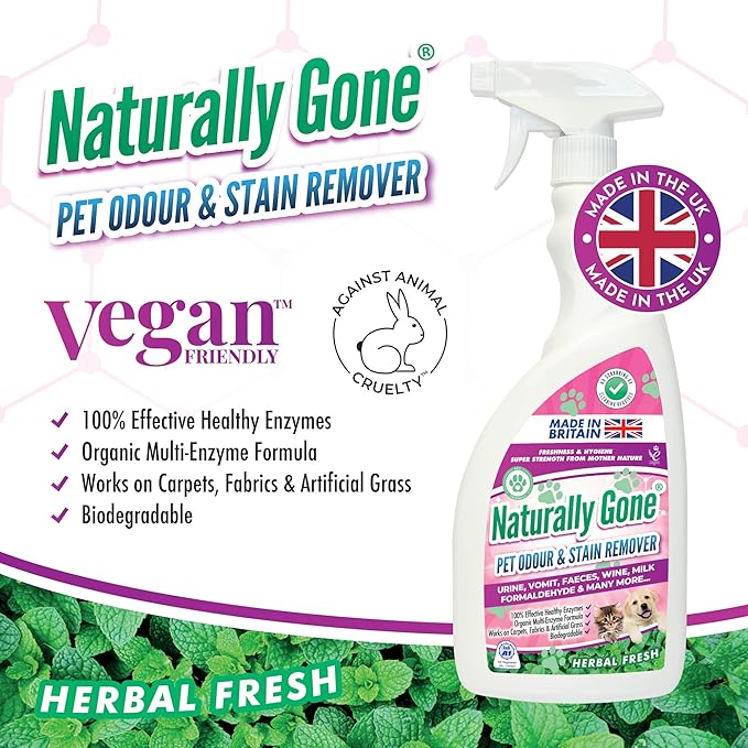 airpure NATURALLY GONE Pet Odour Eliminator, Heat Sealed Cap, Enzyme Cleaner Removes Smells and Stains, Cat Litter Freshener, Works on Urine, Vomit, Faeces and More - HERBAL FRESH Fragrance