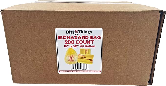 Bits N Things Infectious Biohazard Yellow Waste Bags Hazardous Trash Can Liners | Medical Grade No Leak Bags | Great for Lab Containers, Swabs, Pads, Gloves | 200 Count - 37" x 50" (44 Gallon)