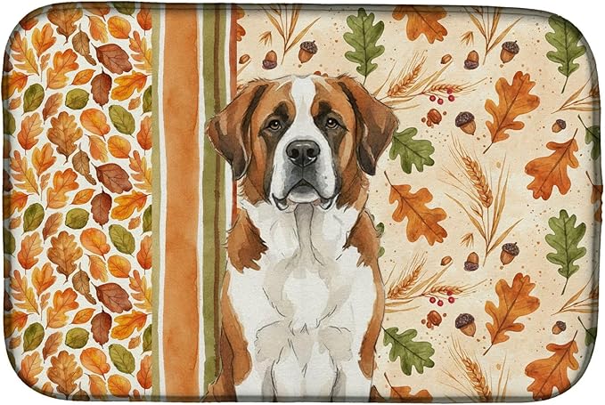 Caroline's Treasures Brown and White Saint Bernard Heirloom Fall Dish Drying Mat Absorbent Dish Drying Mat Pad for Kitchen Counter Dish Drainer Mat for Countertop, 14 x 21", Multicolor