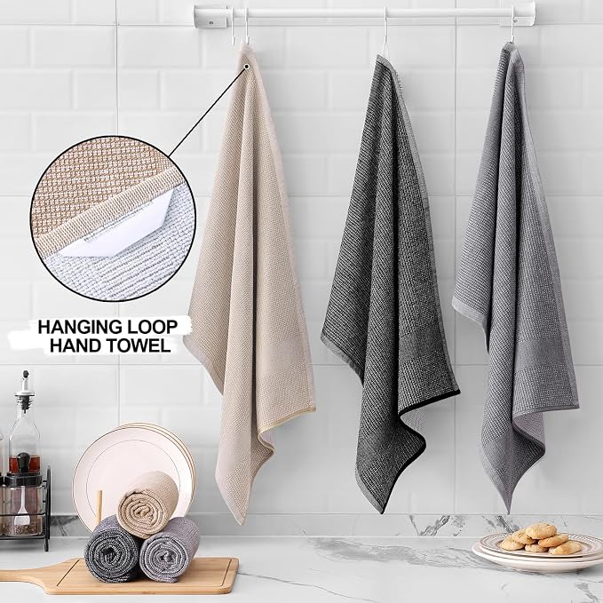 Homaxy Premium Kitchen Towels(18”x 28”, 3 Pack), Large Cotton Kitchen Hand Towels, Flat and Terry Dish Towels, 380 GSM Highly Absorbent Tea Towel Set with Hanging Loop, Grey/Khaki/Black