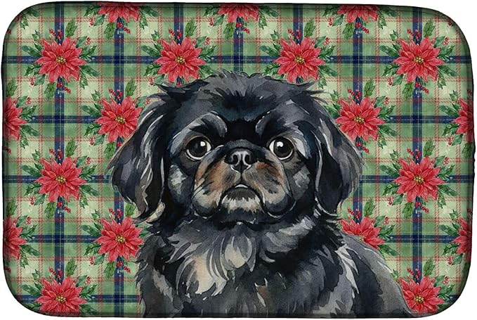Caroline's Treasures Black Pekingese Christmas PoinsettIas Dish Drying Mat Absorbent Dish Drying Mat Pad for Kitchen Counter Dish Drainer Mat for Countertop, 14 x 21", Multicolor