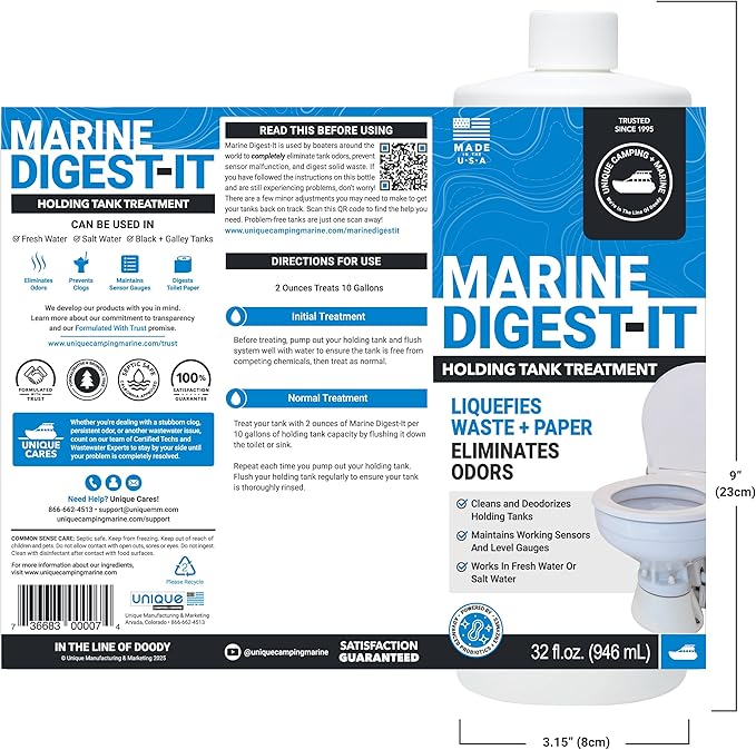 Unique Marine Digest-It Boat Toilet Treatment, Tank Deodorizer, Toilet Smell Eliminator Breaks Down Waste - 16 Liquid Treatments (32 oz.) Packaging May Vary