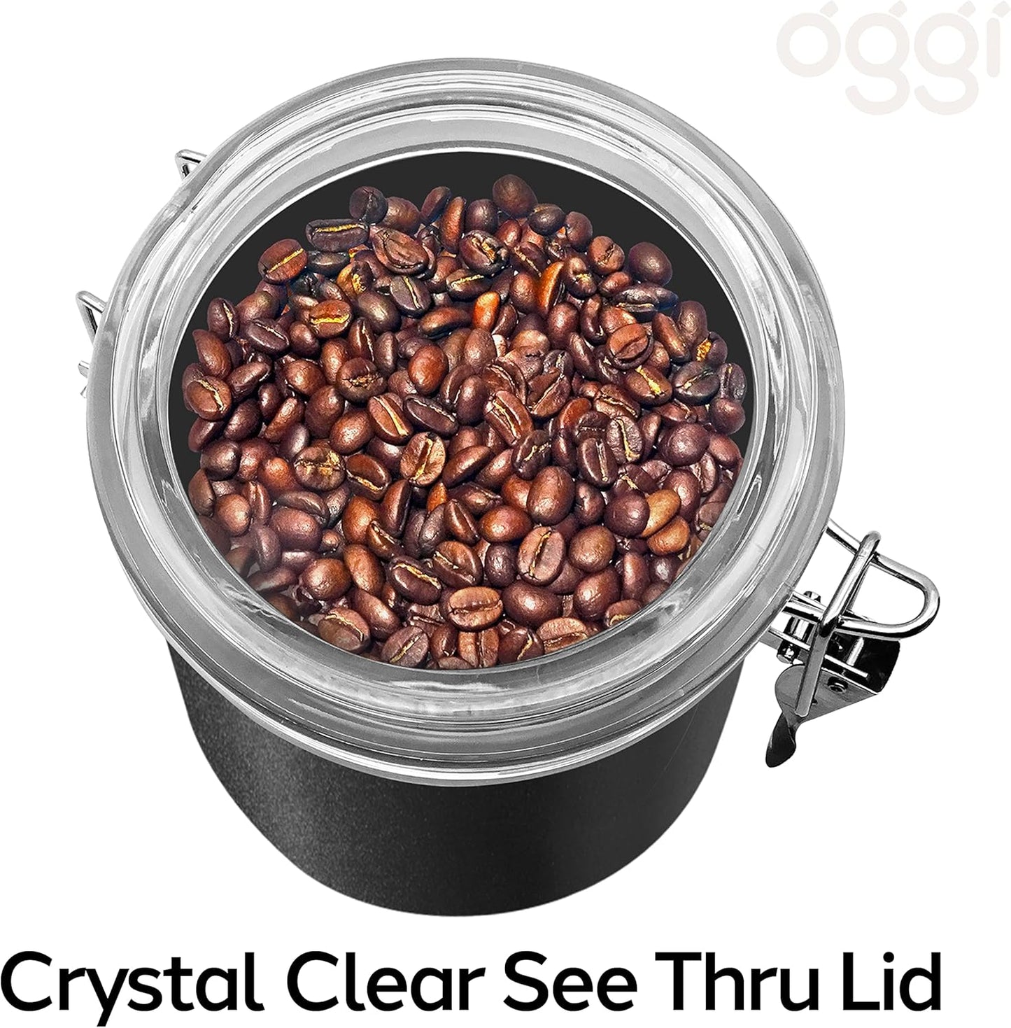 Oggi Stainless Steel Kitchen Canister 47 fl oz, Black - Airtight Clamp Lid, Clear See-Thru Top - Ideal for Kitchen Storage, Food Storage, Pantry Storage. Large Size 5" x 6".