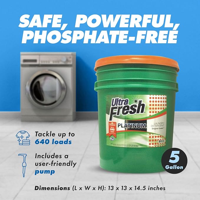 Ultra Fresh Liquid Laundry Detergent Washing Soap, 3X Platinum, 5 Gal, Original Green - Household Cleaning Supplies and Accessories for Clothing and Fabric Items
