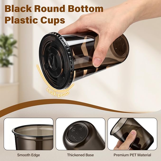 KesaPlan 50 Pack 16 oz Black Plastic Party Cups with Lids & Straws, Disposable Iced Coffee Cup with Lids, Round Bottom Drinking Cups for Cocktail Cold Beverages Birthday Wedding Picnics Party Supplies