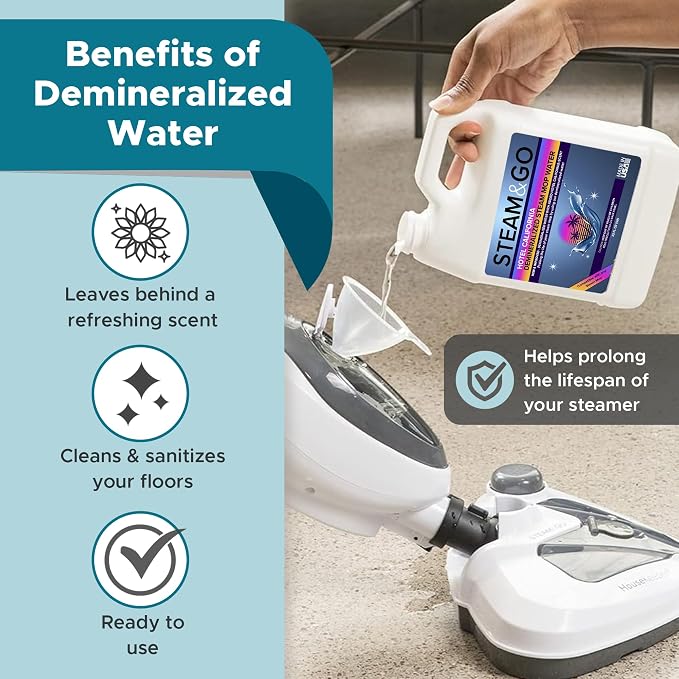 Steam & Go - The Housekeeper Steam Cleaner For Floors & Demineralized Water Bundle, 10-in-1 Hard Floor Cleaner Machine & Grout Steam Cleaner with Floor Cleaning Solution, 32 oz, Hotel California Scent