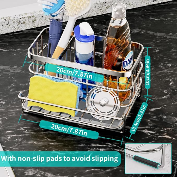 HapiRm Multifunctional Kitchen Sink Caddy with Drain Tray + Rustproof & Waterproof Sponge Holder for Kitchen Sink - Silver, Black