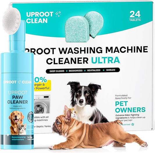 Uproot Clean Washing Machine Cleaner Tablets Ultra & Dog Paw Cleaner Set: 40% Stronger Tablets Removing Odors, Residue & Build-Up + No-Rinse Hypoallergenic Paw Washer with Soft Bristle Brush