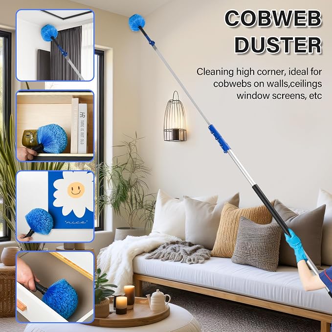 Cobweb Duster with 6-24FT Extension Pole, Webster Cobweb Duster with Telescopic Aluminum Pole, Spider Web Brush for Outdoor & Indoor Cleaning