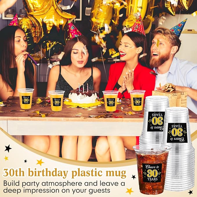 Funnymoom 100 Pack 30th Birthday Cup 12 oz Cheers to 30 Years Happy Birthday Disposable Clear Plastic Cups for Him Men Women Wedding Anniversary Decorations Party Favors