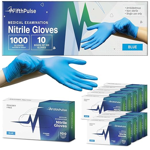 FifthPulse Blue Nitrile Exam Gloves Large 1000 Count - Medical Grade, 3 Mil, Food Safe, Latex and Powder Free Disposable Gloves for Cleaning, Cooking and Medical Use - Case of 10 Boxes of 100