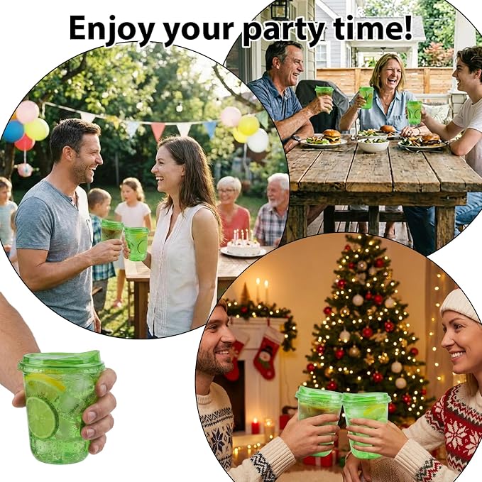 12oz Disposable Stemless Glasses With Strawless Sip Lids,PET Disposable Drinking Cups,Clear Plastic Wine Glasses for Parties Birthday,Wedding,Meeting,Christmas Party Supplies. (100, Green)