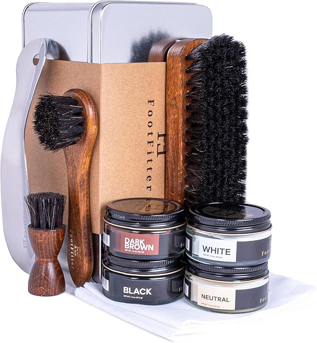 FootFitter Premium Leather Shoe Shine Kit – Complete Polish Cream, Cleaner, Brush & Shoe Care Set for Footwear in Metal Tin