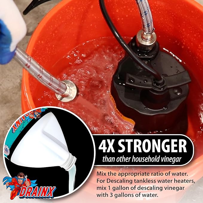 DrainX Tankless Water Heater Flushing Kit with Gallon Concentrated Vinegar, Dilutes to 4 Gallons, Heavy Duty 1/6HP Extra Strength Pump and Hoses.