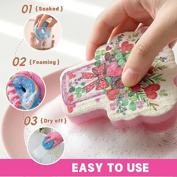 Bulimumu 3-Layer Floral Vase Dish Sponge (6 Pack) - Swedish Dishcloth Top + Soft Sponge Middle + Smart Temperature-Sensing Scrubber - Dual-Action Non-Scratch Kitchen Cleaning