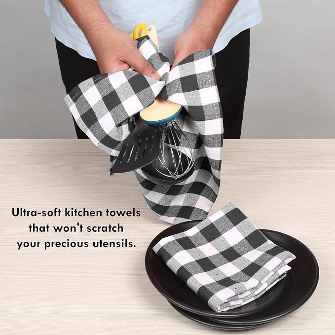 4 Pack Gingham Buffalo Check Kitchen Dish Towels 100% Cotton 16x26 Inches - Super Absorbent Quick Drying Hand Tea Towels, Restaurant Cleaning Towels with Hanging Loop, Black White