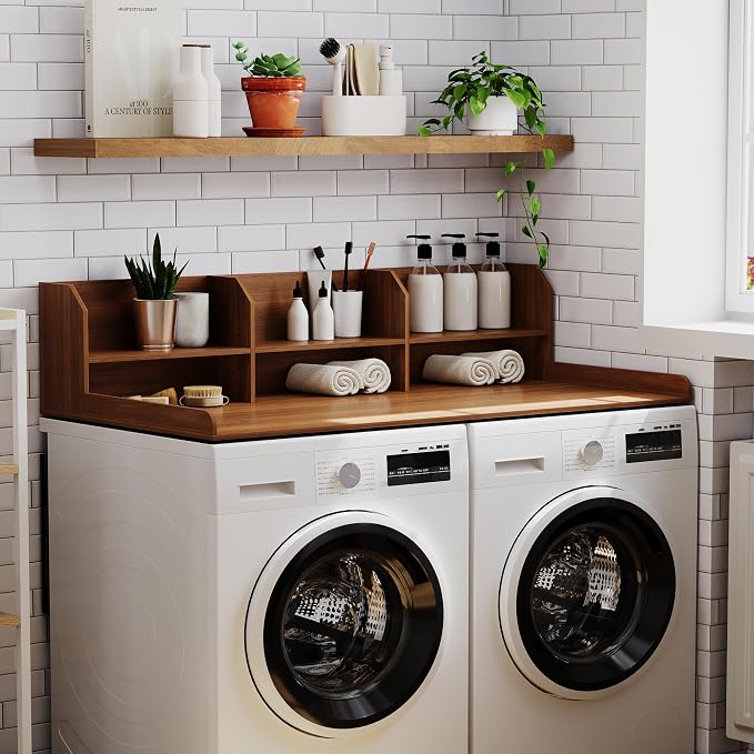 ChooChoo 2-Tier Washer Dryer Countertop with Adjustable Shelf, Spacious Laundry Room Storage for Folding Clothes and Efficient Organization, Walnut