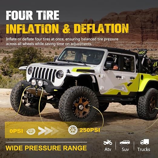 BUNKER INDUST 4 Tire Inflation Deflation System, Rapid High-Flow Air Up Down Kit with Digital Tire Pressure Gauge, 4 Wheels Off Road Tire Deflator Inflate-Up to 200" Wheelbase