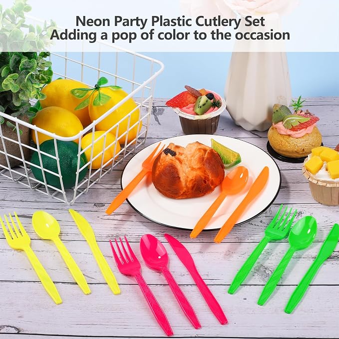 300 Pieces Neon Party Plastic Cutlery Set Colorful Disposable Silverware Sets Included 100 Neon Party Forks 100 Spoons & 100 Knives for Neon Party Favors Birthday Party Supplies, 4 Colors