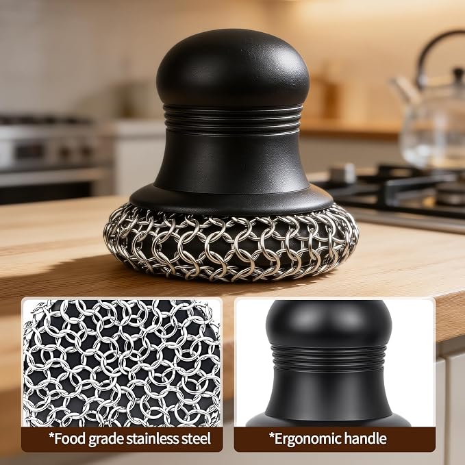 316 Upgraded Cast Iron Scrubber with Pan Scraper,Cast Iron Cleaner for Grill Pan Skillet Wok Carbon Steel,Ergonomic to Hold Easy to Use Dishwasher Safe ((Large Chain Mail))
