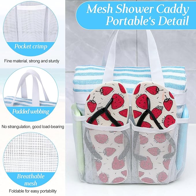 8 Packs Mesh Shower Caddy Portable Large Shower Caddy Dorm with 8 Pockets and Handles Quick Dry Shower Bags Hanging Bath Bag Dorm Room College Essentials for Bathroom Gym Camp (White)