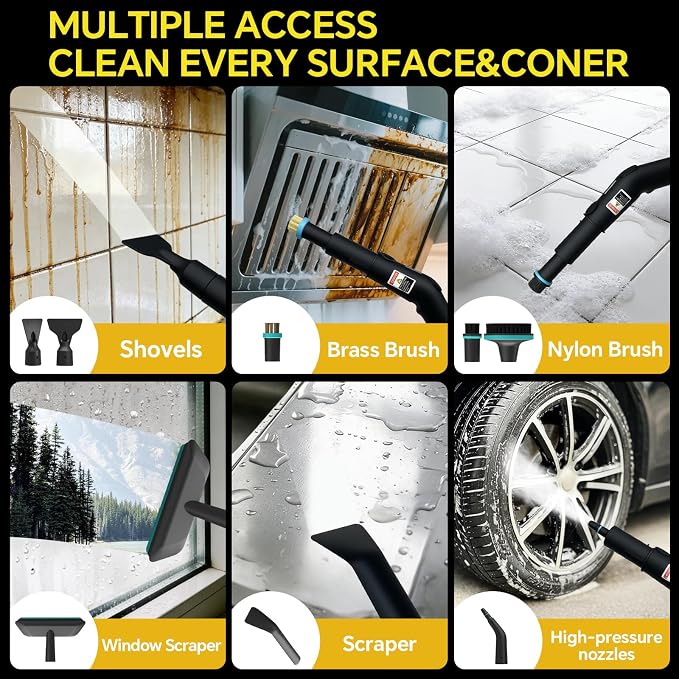 Heapsion Steam Cleaner, Steamer for Cleaning with 15s Fast Heat-Up, 6 Adjustable Levels, 12-Piece Accessories, 1500W Portable Steam Cleaner for Grout, Tiles, Kitchen, Car Detailing, Yellow