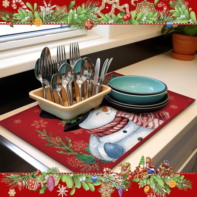 Meanplan Set of 6 Christmas Dish Drying Mats Absorbent Xmas Kitchen Accessories Santa Snowman Rectangle Table Mats Washable Drainer Draining Pad for Kitchen Countertop Tableware Decor 24"x 16"