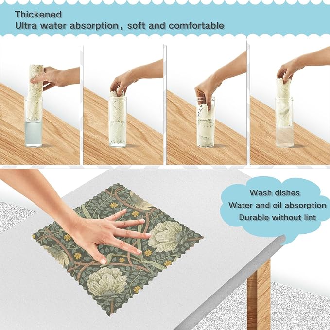 ALAZA Dish Towels William Morris Dish Cloths Super Absorbent Kitchen Towels Lint Free Bar Tea Soft Towel Kitchen Accessories Set of 6, 11"x11"