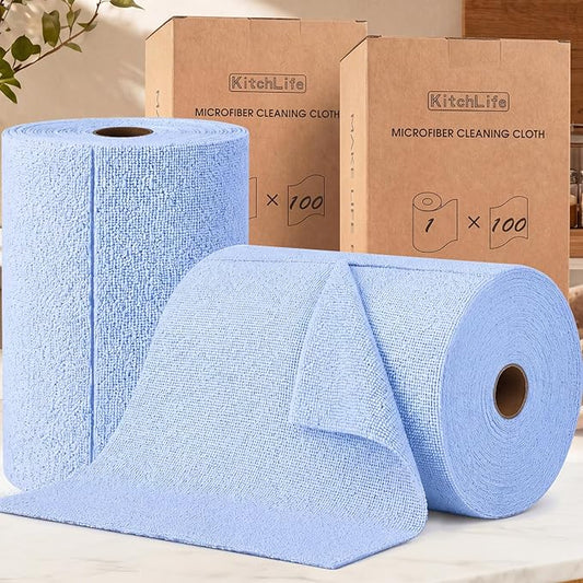 KitchLife Microfiber Cleaning Cloth Roll, 200 Pack - Tear-Away Microfiber Paper Towels, Lint-Free, Reusable, Washable for Kitchen, Car, Dishes, and Sensitive Surfaces (Blue)