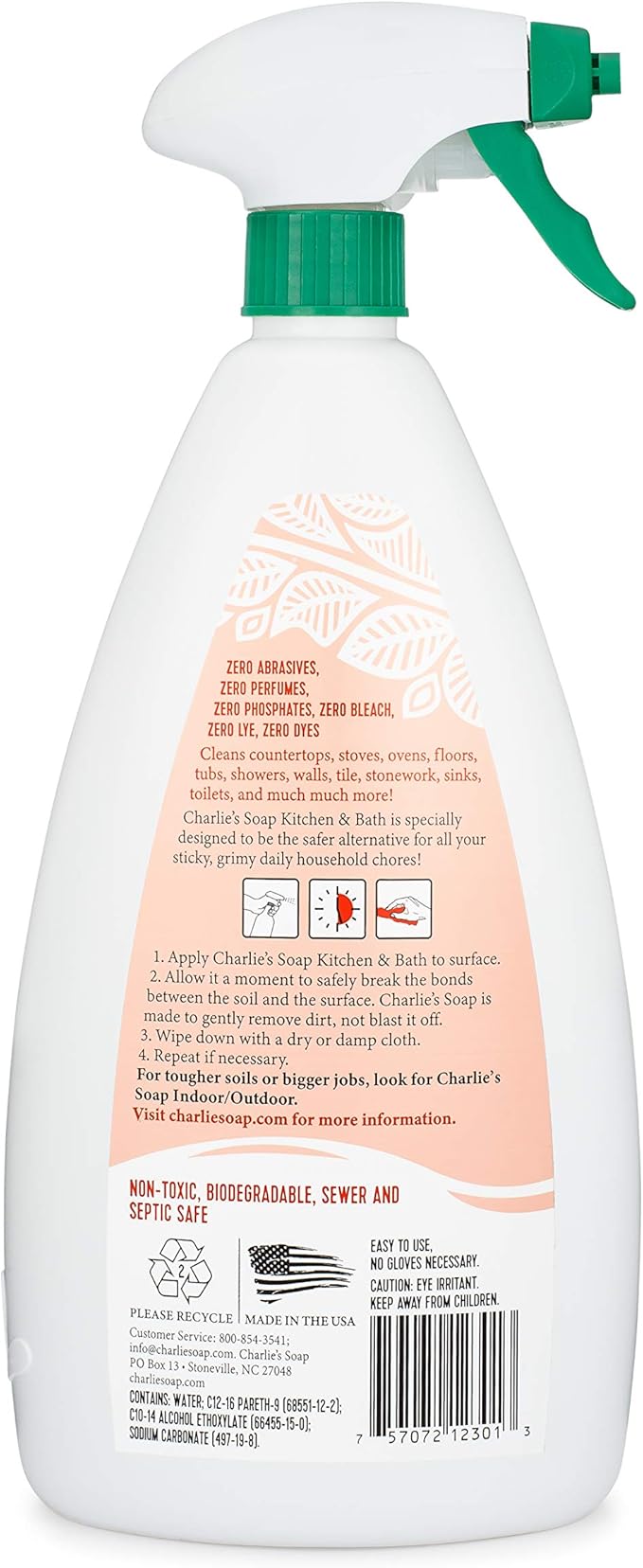 Charlie's Soap Kitchen & Bath Household Cleaner Spray (32 Fl. Oz., 1 Pack) Biodegradable Natural Kitchen and Bathroom Multi-Surface Cleaner
