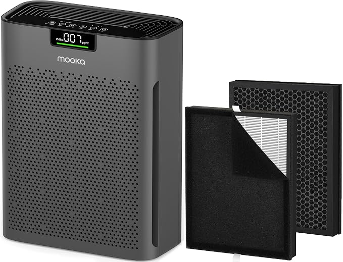 Air Purifier for Home Large Room 2200 Ft² KJ190H Grey with 2-PACK Filter Replacement, MOOKA H13 True HEPA Air Purifiers Cleaner for Pets, Washable Filters, Auto Mode