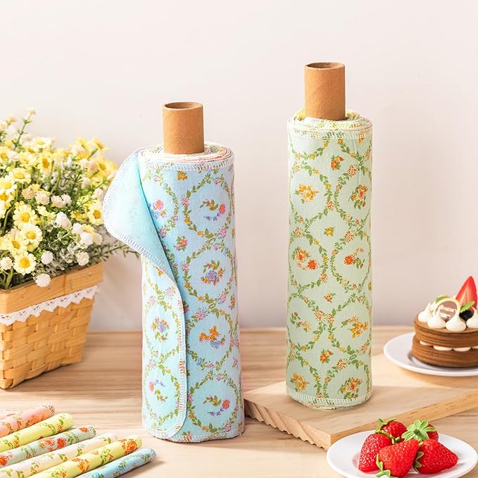 Redbaker 50 Pcs Reusable Paper Towels Paperless Reusable Cotton Cloths Toilet Absorbent Washable Paper Towels with Roll Kitchen Dishcloth for Kitchen Paperless Dishcloths(Floral Wreath)